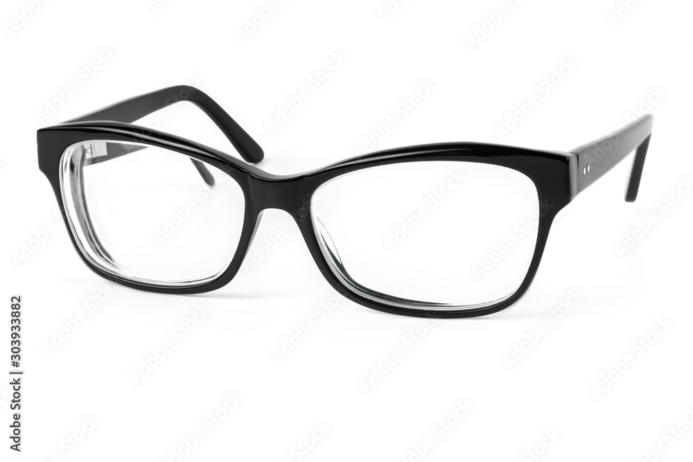 Black plastic eyeglasses frames with clear lens isolated on white background, trendy optical frame, spectacles with shiny black frame for reading, to a person with visual impairment Black plastic eyeglasses frames with clear lens isolated on white background, trendy optical frame, spectacles with shiny black frame for reading, to a person with visual impairment