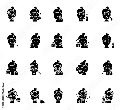 Skin care procedures glyph icons set. Face cream. Liquid, sheet, peel-off mask. Beauty products. Night time routine. Spot treatment. Vitamin C serum. Silhouette symbols. Vector isolated illustration