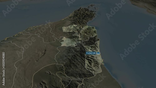 Fujayrah - emirate of United Arab Emirates with its capital zoomed on the satellite map of the globe. Animation 3D photo