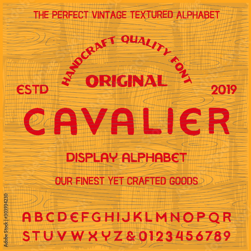 Font   cavalier  is inspired by  vintage book covers and packaging design.Typefaces work great for logo outdoor advertising   packaging or book cover design.Letters and numbers. Vector Illustration.