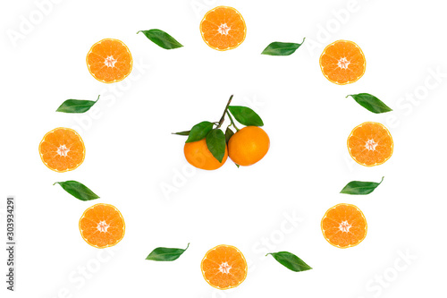Set, composition, still life of orange ripe tangerines, tangerine branch with leaves isolated on white background. Citrus fruits vitamin C concept. Healthy vegan or vegetarian fresh natural food, diet