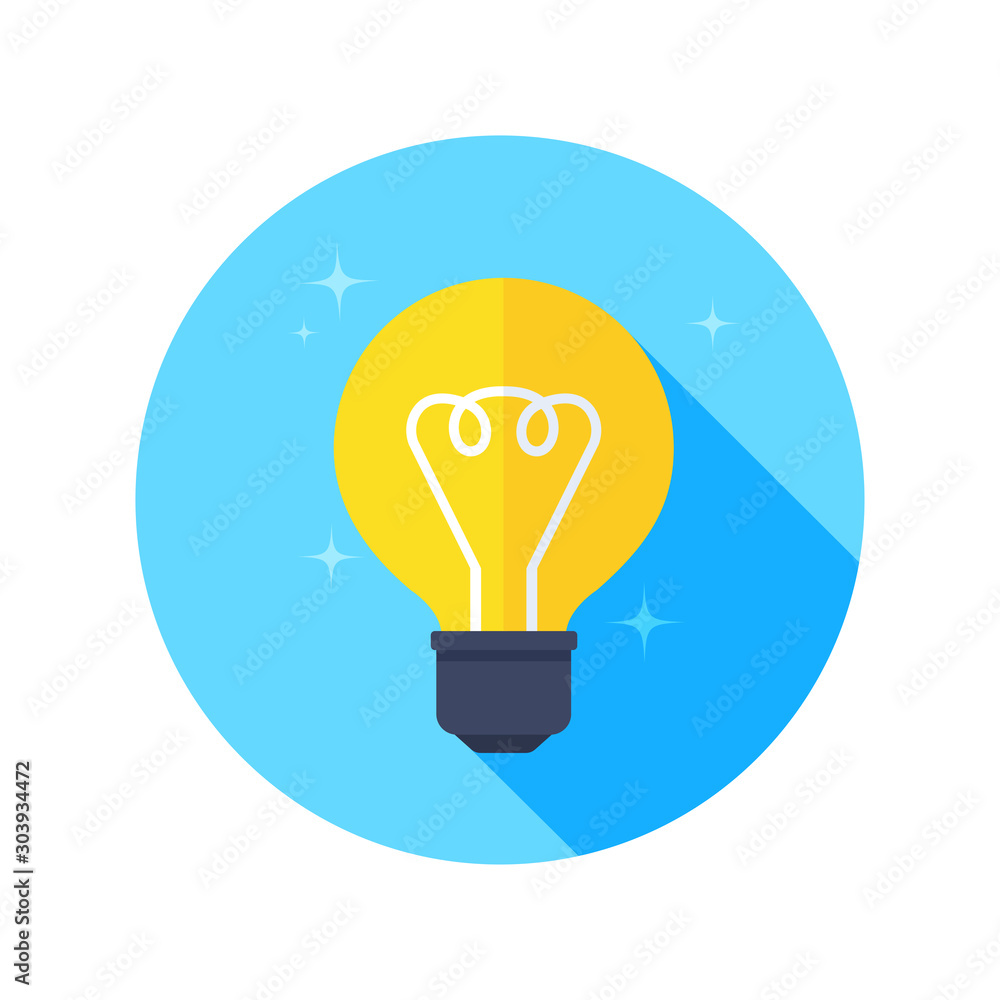 flat vector image on white background, light bulb icon in a blue circle with a flat shadow. flat vector image on white background, light bulb icon in a blue circle with a flat shadow.