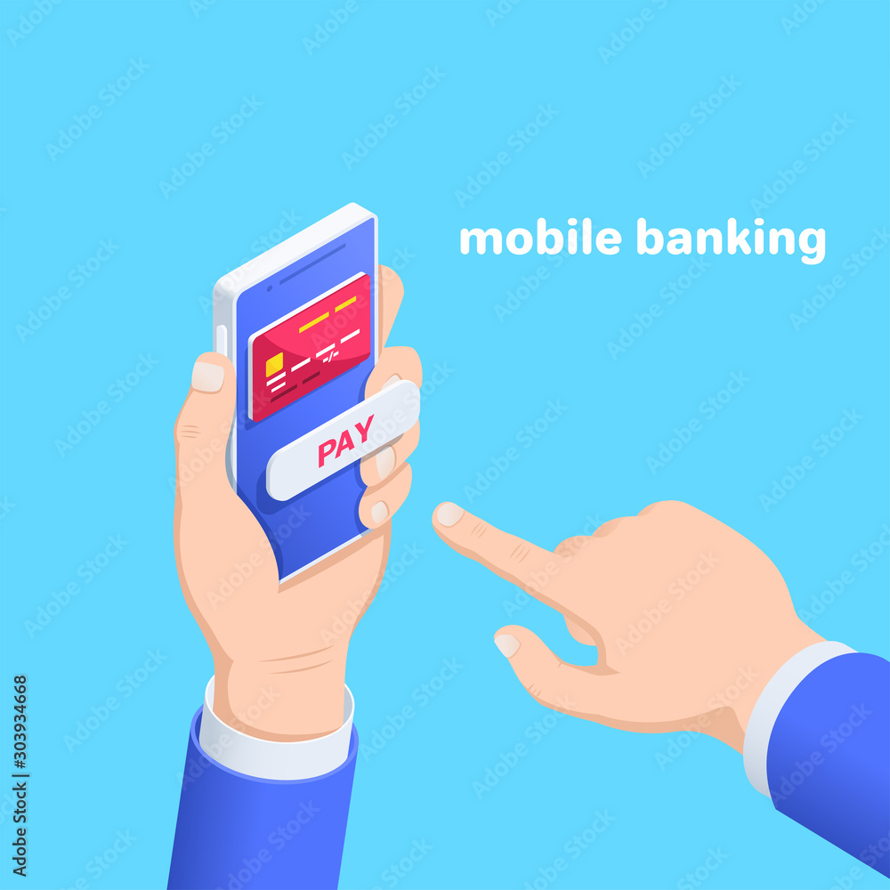 isometric vector image on a blue background, a male hand holds a smartphone on the screen of which a credit card and a pay button and the other hand clicks on it, mobile banking isometric vector image on a blue background, a male hand holds a smartphone on the screen of which a credit card and a pay button and the other hand clicks on it, mobile banking