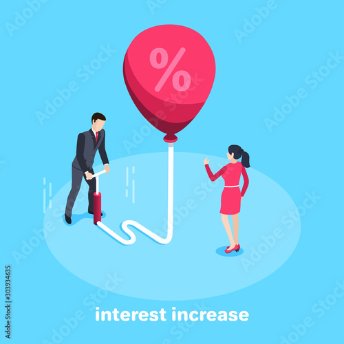 isometric vector image on a blue background, a man in a business suit using a pump inflates a big red balloon with a percent icon and a woman standing next to him in a red dress, interest increase