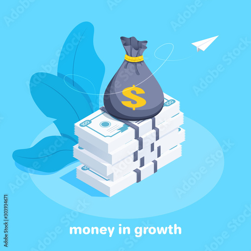 isometric vector image on a blue background, a money bag on a stack of banknotes and a launched paper airplane, money in growth