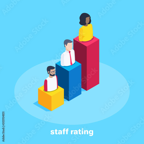 isometric vector image on a blue background, people icons on the columns of the chart, staff rating