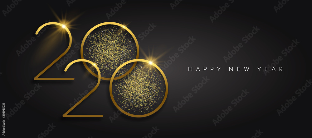New Year 2020 gold glitter black background card - obrazy, fototapety, plakaty 
