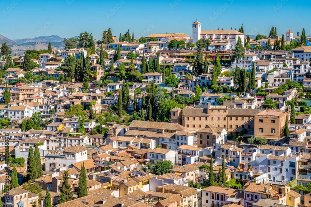The picturesque Albaicin district in Granada as seen from the Alhambra Palace. Andalusia, Spain.