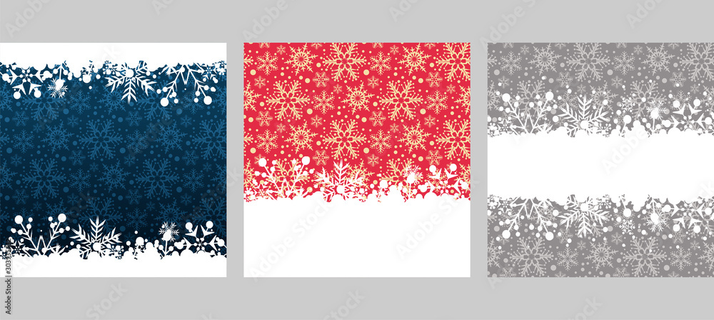 Christmas frames of snow in retro style. For the design Christmas cards, banners, posters, invitations. Colors image: blue,  red, white, gray. Vector illustration