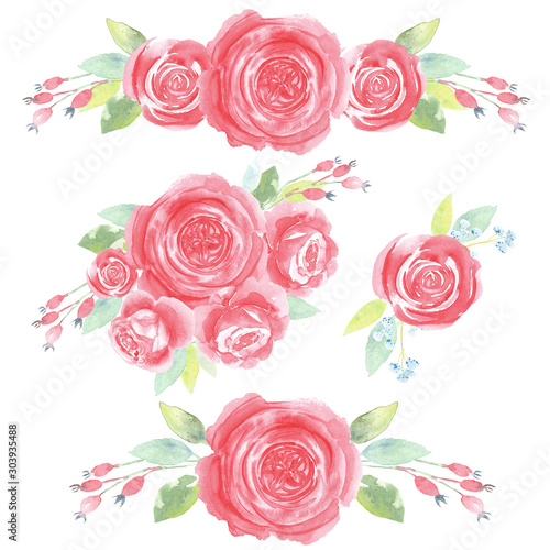 Red roses compositions set.  Handpainted floral  watercolor  illustration. Perfect for invitations cards. © Evgeniia
