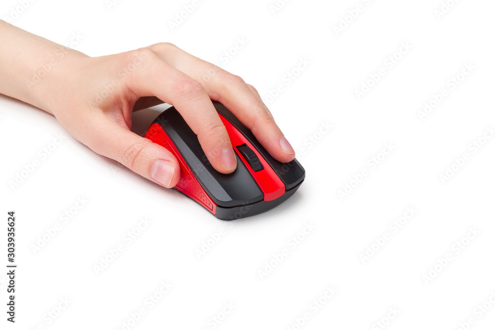 computer mouse wireless USB in hand worker girl isolated on white background, black and red, plastic, gaming, left hand computer mouse wireless USB in hand worker girl isolated on white background, black and red, plastic, gaming, left hand