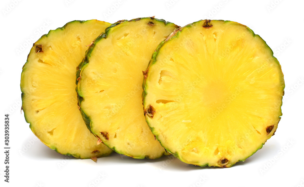 Pineapple rings fruit isolated on white background. Top view, flat lay Pineapple rings fruit isolated on white background. Top view, flat lay