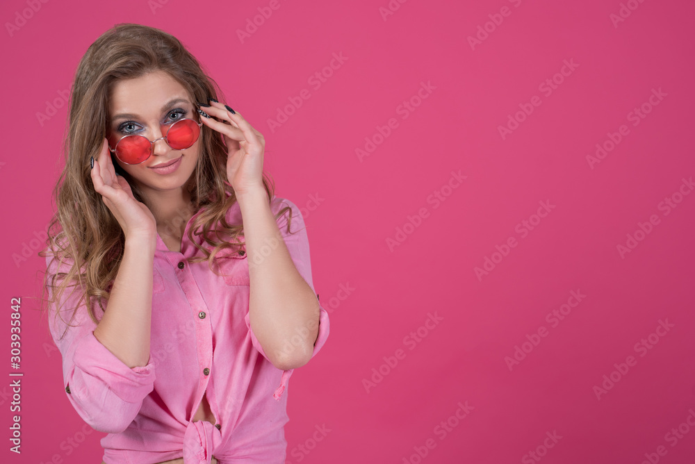 Close up photo of crazy positive girl in jeans outfit enjoying daydream having weekend vacation holiday isolated on pink background. Close up photo of crazy positive girl in jeans outfit enjoying daydream having weekend vacation holiday isolated on pink background.