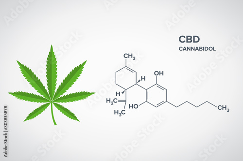 Cannabidiol - CBD - Structural Sceletal Formula With Marijuana Leaf Drug Icon. EPS10 vector file.