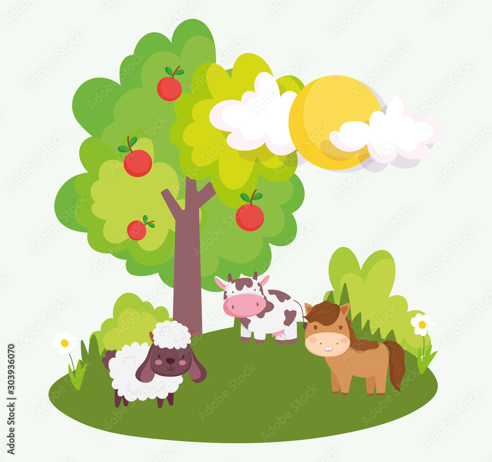 horse sheep cow tree apples field farm animals horse sheep cow tree apples field farm animals