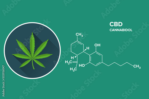 Cannabidiol - CBD - Structural Sceletal Formula With Marijuana Leaf Drug Icon. EPS10 vector file.