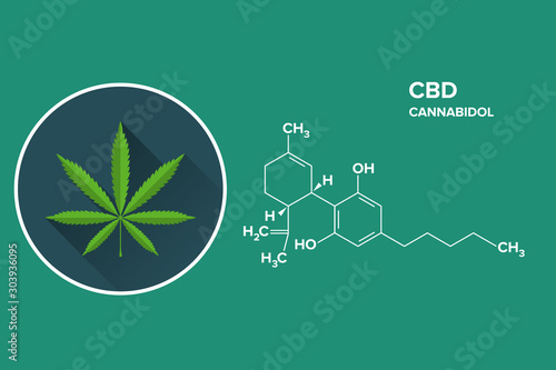Cannabidiol - CBD - Structural Sceletal Formula With Marijuana Leaf Drug Icon. EPS10 vector file.