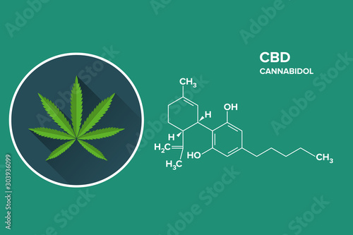 Cannabidiol - CBD - Structural Sceletal Formula With Marijuana Leaf Drug Icon. EPS10 vector file.