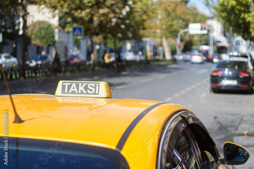 Yellow taxi car on the street of Istanbul.