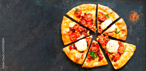 Italian pizza on vintage metal background. Healthy eating concept. Copy space