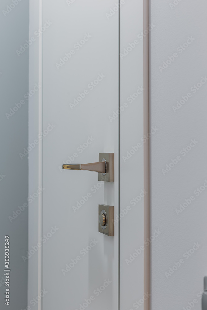 Modern metal door handle on a white door. Modern metal door handle on a white door.