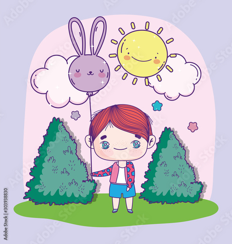 anime cute boy with balloon shaped rabbit outdoor