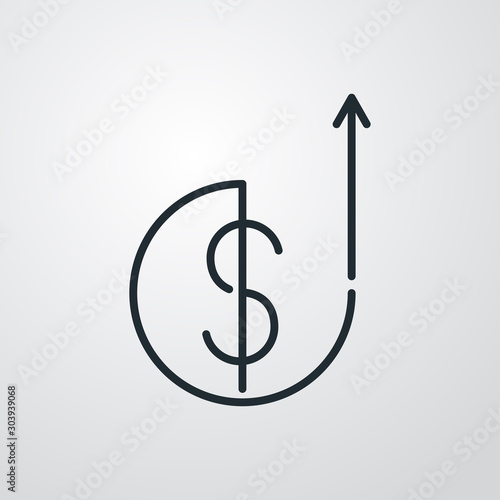 Icono plano lineal símbolo dolar en circulo con flecha hacia arriba en fondo gris