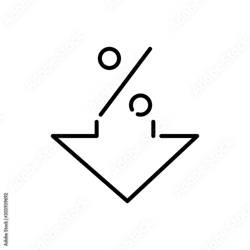 Icono plano lineal porcentaje con flecha hacia abajo en color negro