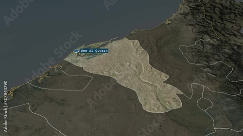 Umm Al Qaywayn - emirate of United Arab Emirates with its capital zoomed on the satellite map of the globe. Animation 3D photo