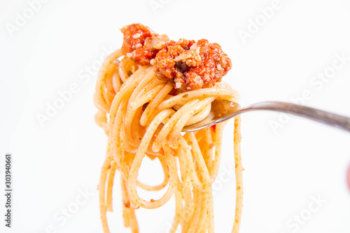 Spaghetti bolognese on a fork 