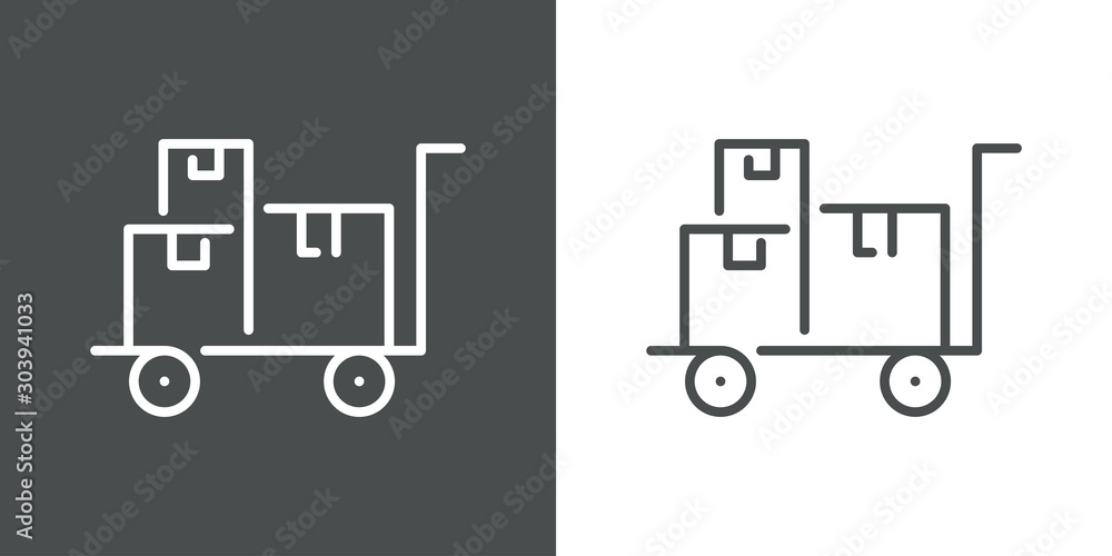 Símbolo logística con icono lineal de cajas de cartón en carro de mano en fondo gris y fondo blanco