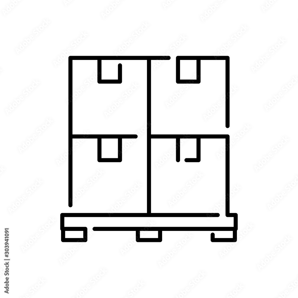 Símbolo logística con icono lineal de cajas de cartón en palé en color negro Símbolo logística con icono lineal de cajas de cartón en palé en color negro