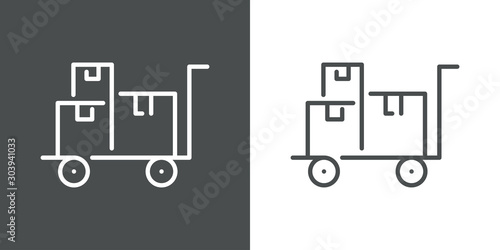 Símbolo logística con icono lineal de cajas de cartón en carro de mano en fondo gris y fondo blanco