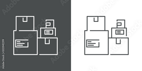 Símbolo logística con icono lineal de cajas de cartón en fondo gris y fondo blanco