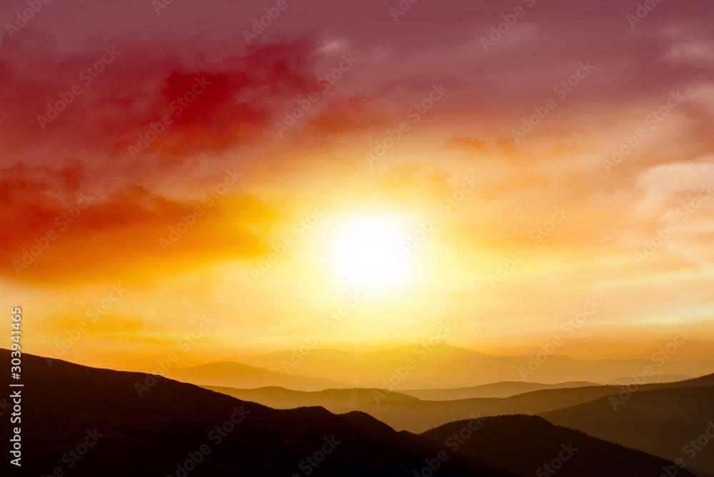 Beautiful sunrise in a mountains . bright sunset