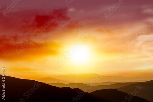 Beautiful sunrise in a mountains . bright sunset