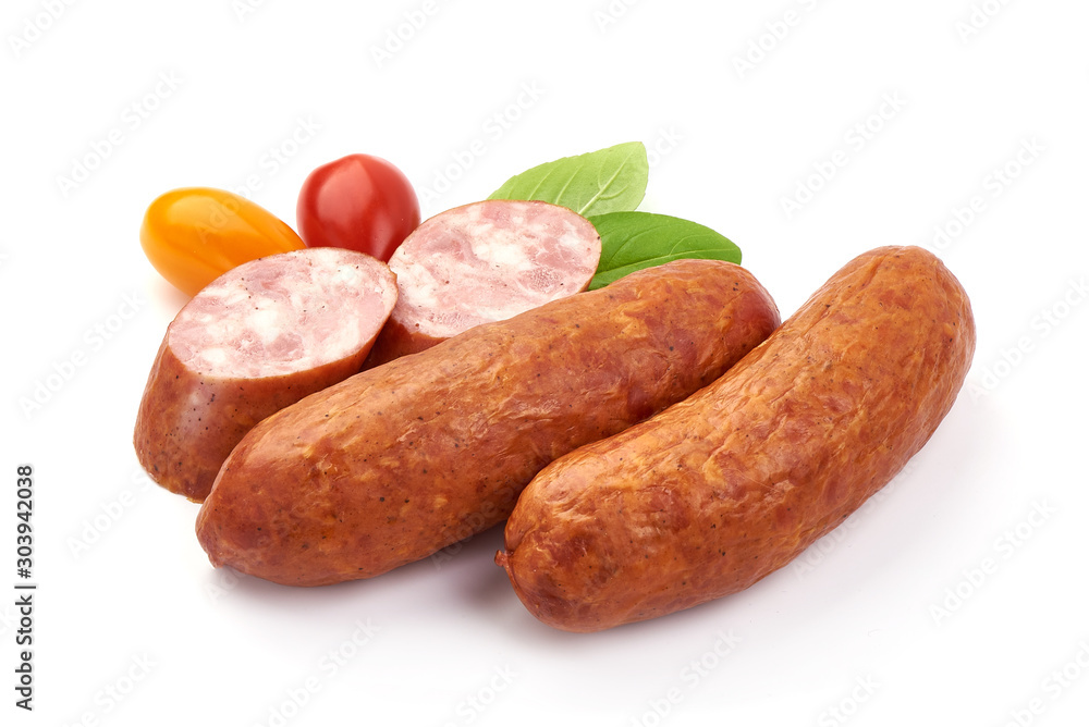 Tasty Dried Sausages, smoked german sausage, isolated on white background Tasty Dried Sausages, smoked german sausage, isolated on white background