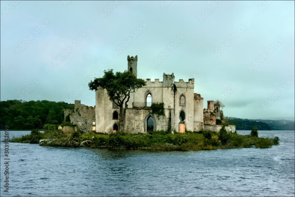 Ruins of Castle on Church Island, circa 1833, Lough Key Forest Park, east of Boyle, County Roscommon