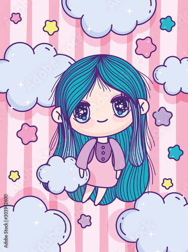 anime cute girl blue hair stars clouds stripes background