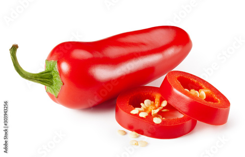 Red jalapeno peppers with sliced on white