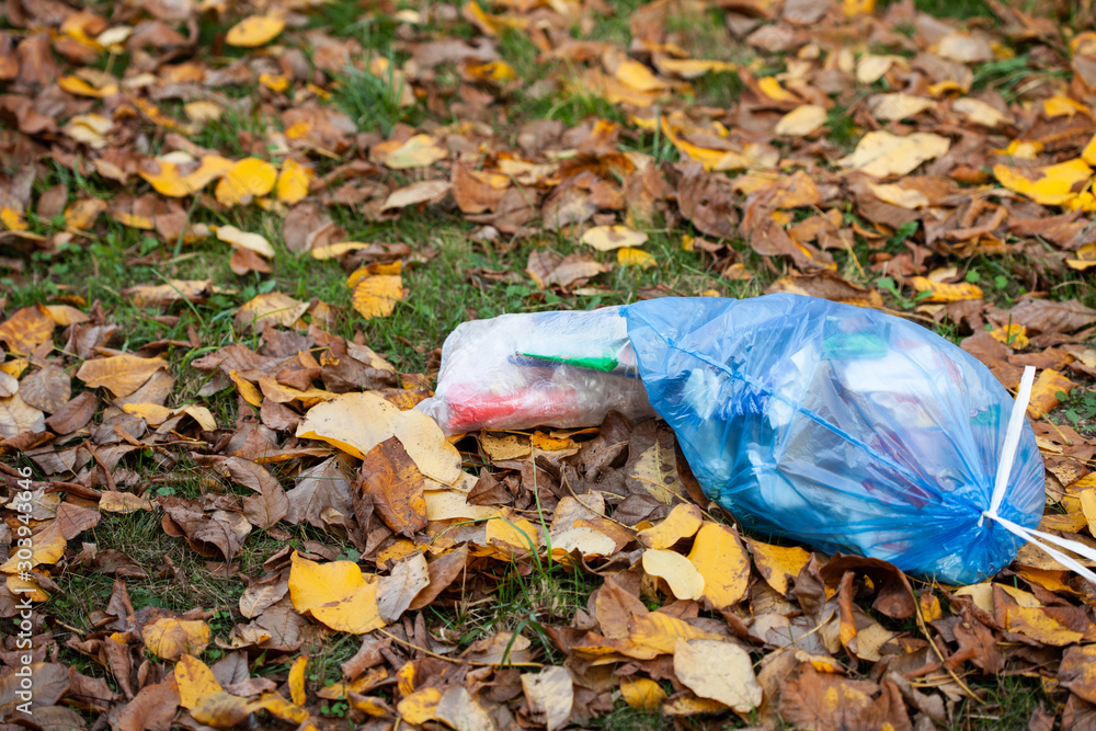 Obraz premium photo of a package with garbage on the nature. The concept is to preserve nature, an empty place for text.