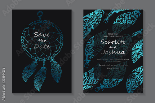 Set of modern ethnic luxury wedding invitation design or card templates for business or presentation or greeting with silver text and a blue dreamcatcher on a black background.