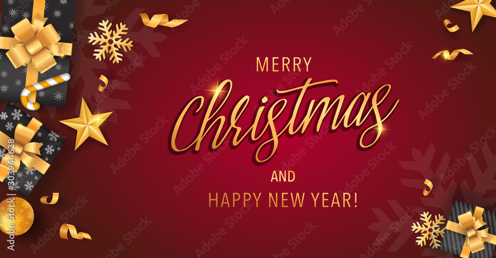 Merry Christmas and Happy New Year red backgrounds template with gold glitter elements and calligraphy