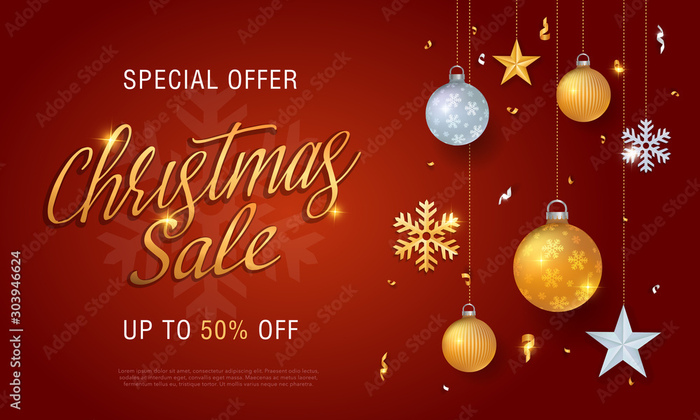 Naklejka premium Christmas sale red banner background with glitter gold elements, snowflakes, gift boxes, stars 