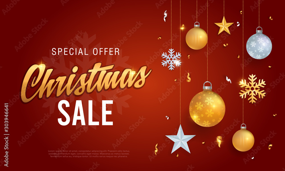 Christmas sale red banner background with glitter gold elements, snowflakes, gift boxes, stars	