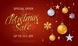 Christmas sale red banner background with glitter gold elements, snowflakes, gift boxes, stars	