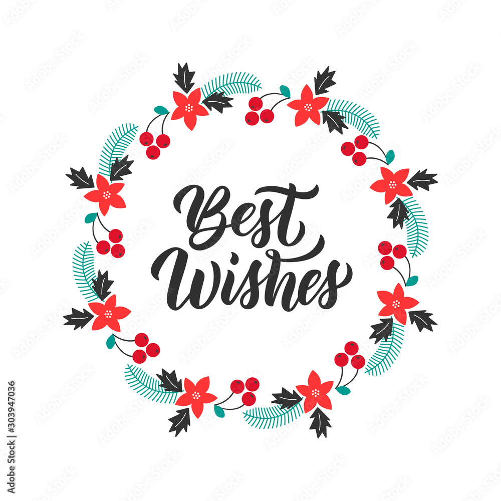 Φωτογραφία Best wishes inscription and christmas greeting wreath with rowanberry, fir branches, poinsettia