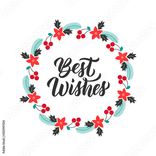 Best wishes inscription and christmas greeting wreath with rowanberry, fir branches, poinsettia. Round frame for Christmas cards, invitations, print and winter design. Vector