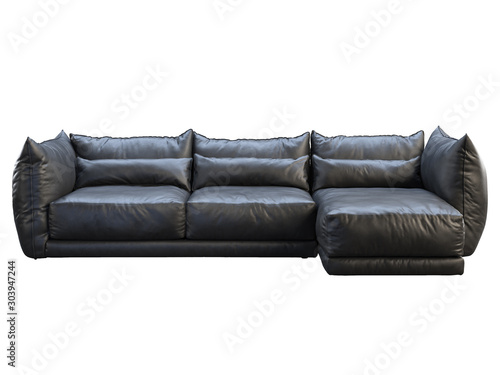 Modern black three-seat corner leather sofa. 3d render