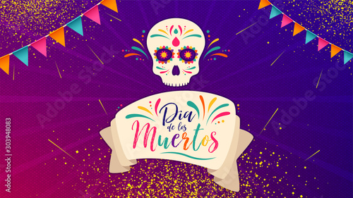 Dia de Muertos or day of the Dead. Skull banner for mexican celebration. Traditional mexico skeleton decoration with flowers and sugar skull colorful art. Day dead holiday. Vector